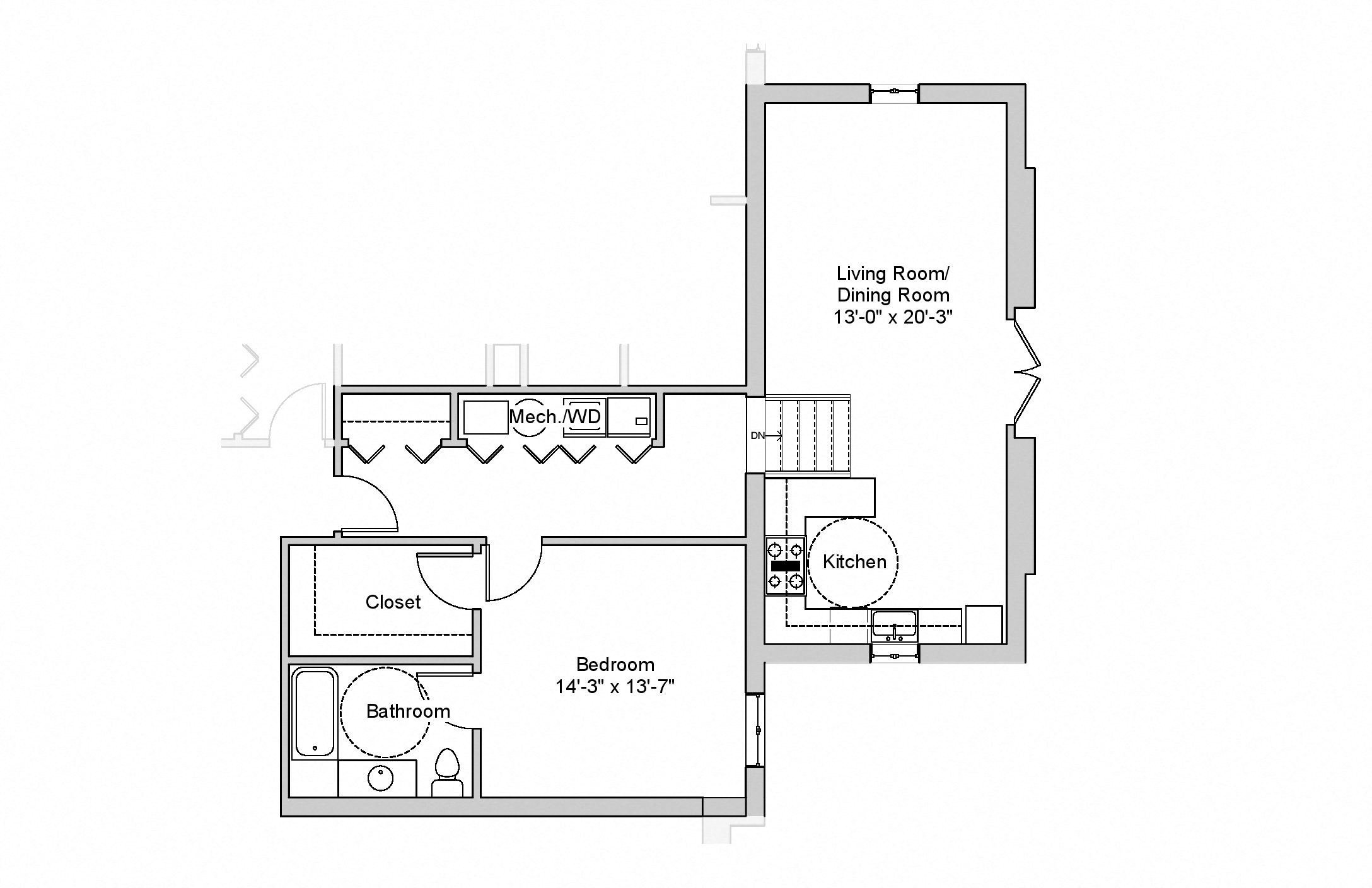 Floor plan for 1 bed, 1 bath, 1217 sqft